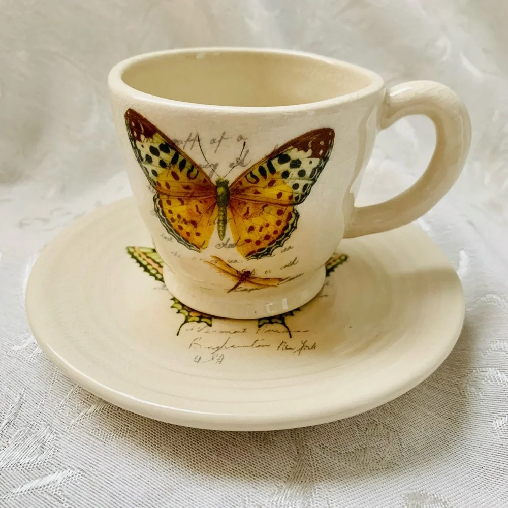 Butterfly Dragonfly Cup And Saucer Tea light/votive Holder ? Unmarked Cottage